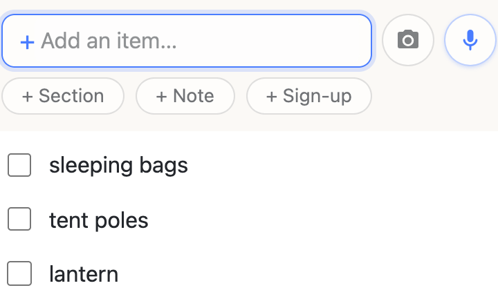 “sleeping bags” is typed into the box at the top of a list and lands as the first row when return is pressed.