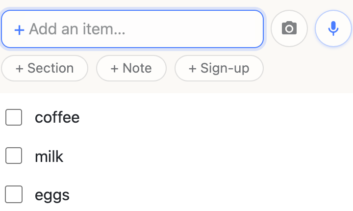 “add milk, eggs and bread” is typed into the assistant box; a moment later three new rows appear on the list.
