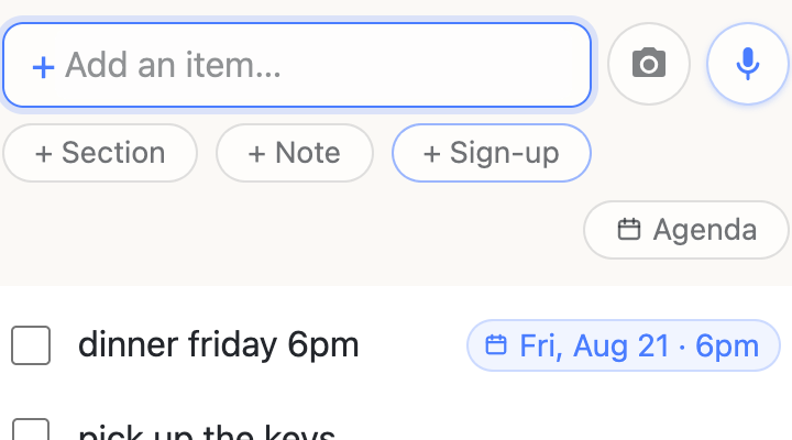 “dinner friday 6pm” is typed; a prompt offers to attach Friday 21 August at 6pm; accepting pins a date chip to the row and an Agenda toggle appears.