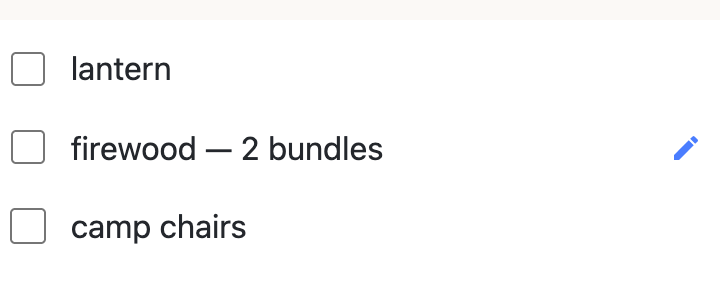 A row is tapped, a pencil appears at its right edge, and “firewood” becomes “firewood — 2 bundles”.