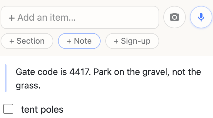 A note block is added to a list and filled with several lines about a gate code and where to park.