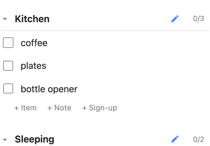 The “Kitchen” section is folded away and its rows disappear, leaving the “Sleeping” section below it untouched, then it opens again.