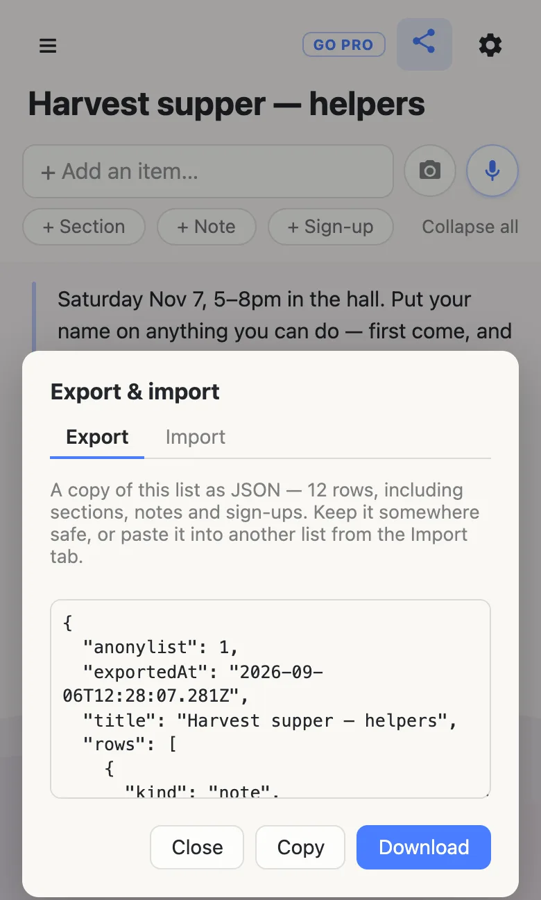 The Export & import panel open over the sign-up sheet. It reads “A copy of this list as JSON — 12 rows, including sections, notes and sign-ups. Keep it somewhere safe, or paste it into another list from the Import tab.” Below is a preview of the JSON beginning with anonylist, exportedAt and the list’s title, and three buttons: Close, Copy and a blue Download.