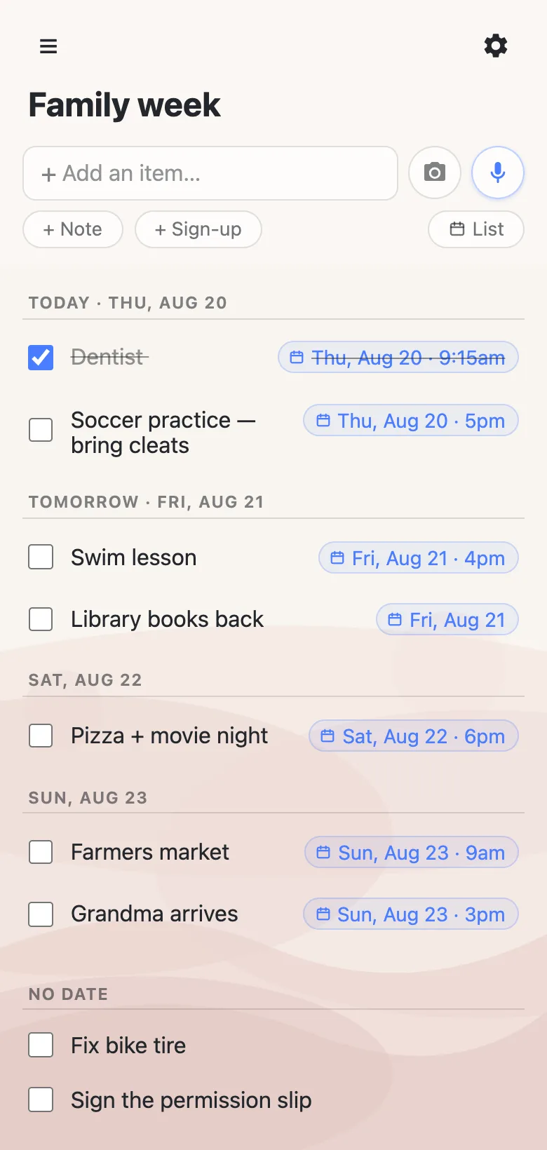 A family week in the agenda view on a phone: rows grouped under Today, Tomorrow and weekend headers, a checked-off 9:15am dentist visit ahead of a 5pm soccer practice, and a No date group holding unscheduled tasks.