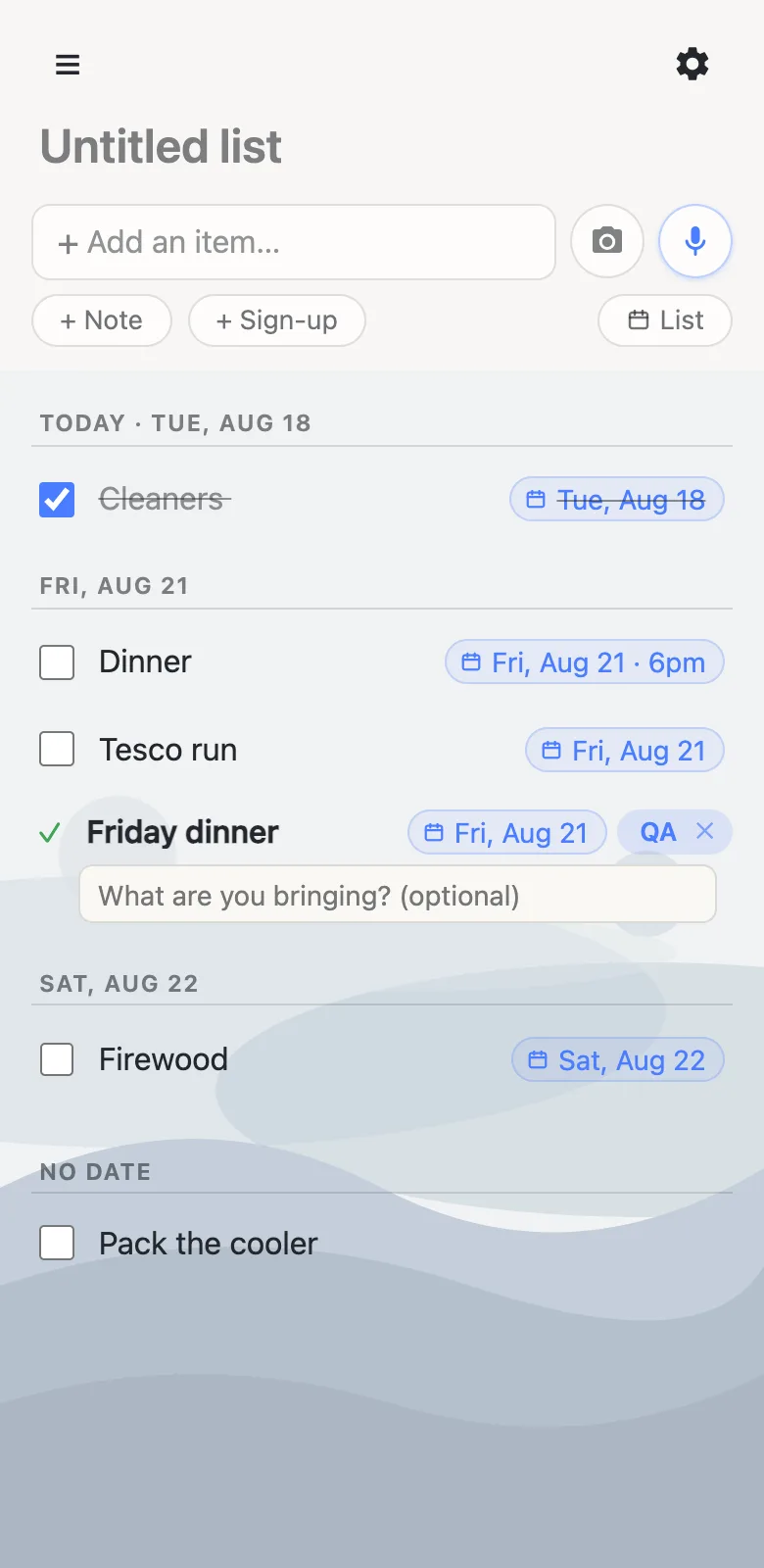 The agenda view: TODAY and dated headers group rows, a timed dinner sorts first under Friday, a claimed sign-up slot shows its claimer, and a No date group holds the rest.