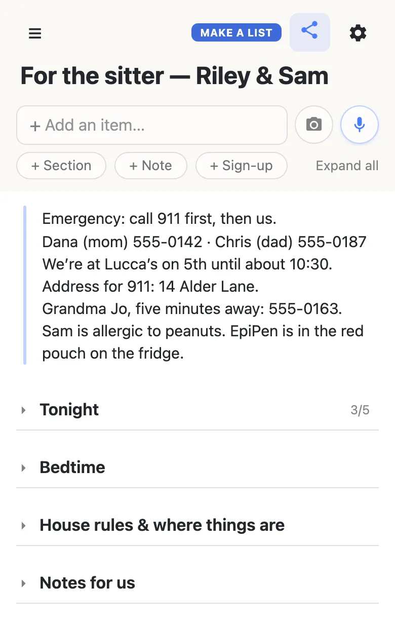 The same sheet on the sitter’s phone the first time it opens. The emergency note is fully visible at the top. Below it, four folded section headings: Tonight with 3/5 beside it, Bedtime, House rules & where things are, and Notes for us. An Expand all link sits under the add box.