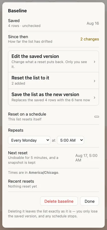 The Baseline menu on a phone: the saved version's date, how far the list has drifted, and
           three actions — edit the saved version, reset the list to it, save the list as the new
           version — above a weekly schedule.