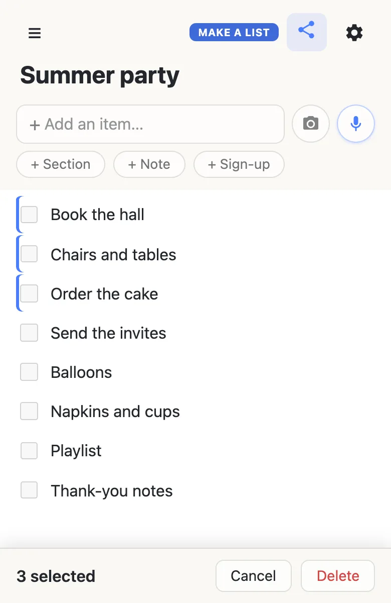 A shared list on a phone with three rows ticked, each marked by a blue bar down its left
           edge, and a bar along the bottom reading '3 selected' beside Cancel and Delete buttons.