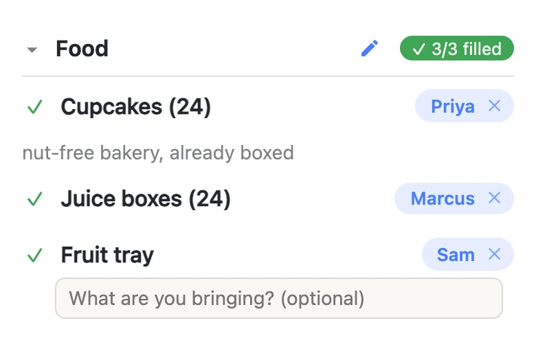 Close-up of the Food section after a parent tapped Sign up on “Fruit tray”: the name Sam now sits on the row, an optional note field reading “What are you bringing? (optional)” has opened beneath it, and the section counter has flipped to a green 3/3 filled.