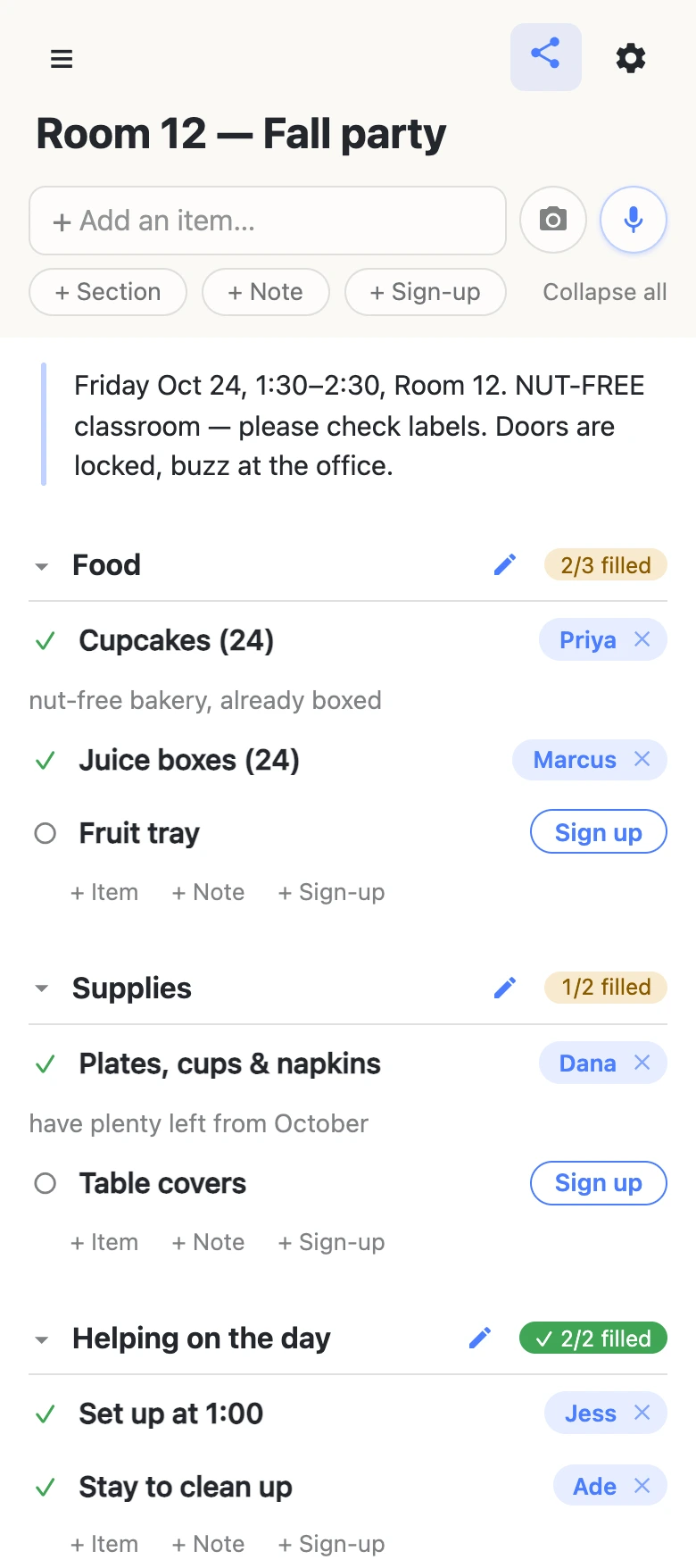 A phone showing a sign-up sheet titled “Room 12 — Fall party”. A note at the top gives the time, the room and a NUT-FREE warning. Sections for Food, Supplies and Helping on the day carry counters reading 2/3 filled, 1/2 filled and a green 2/2 filled; claimed rows show parent names like Priya and Marcus with notes such as “nut-free bakery, already boxed”, and open rows show a Sign up button.