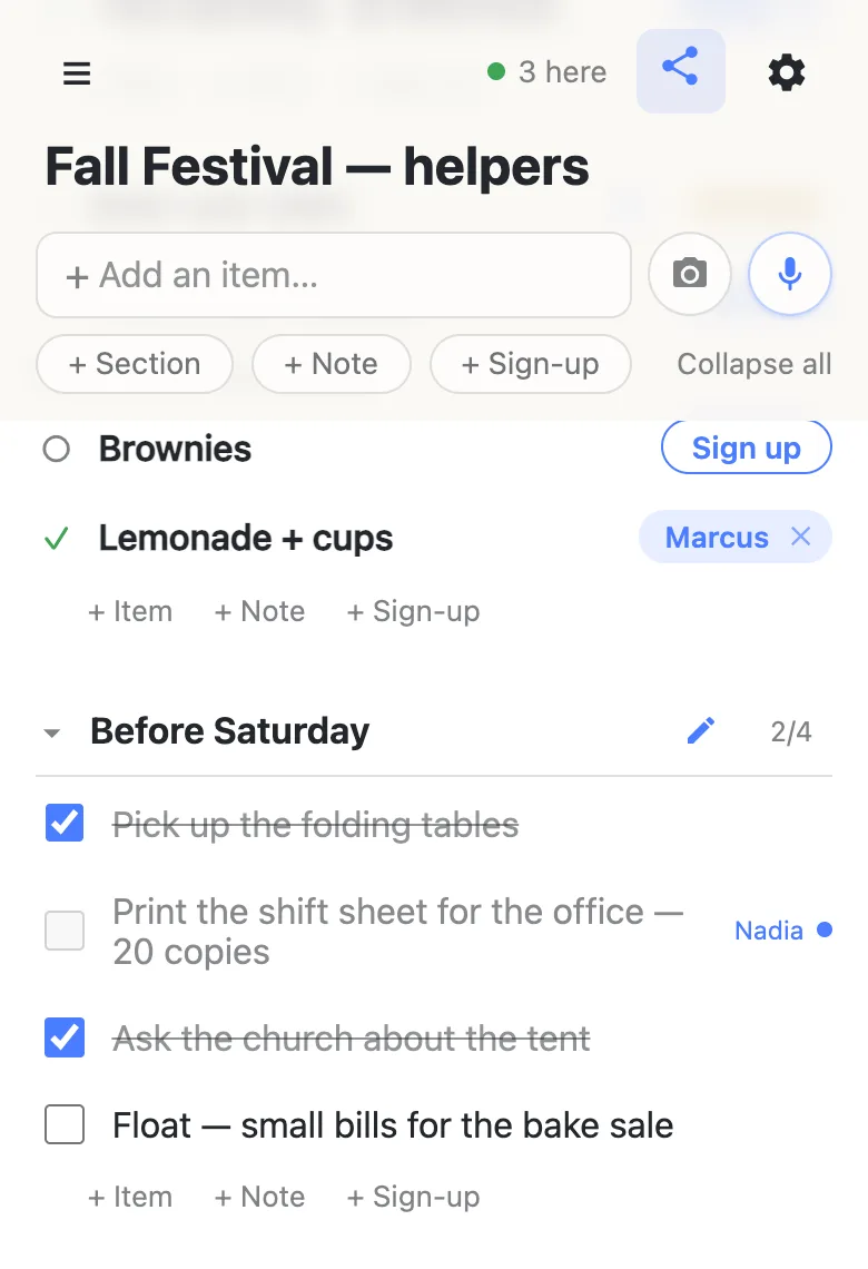 The same sheet on another phone. The header shows a green dot and “3 here”. Further down, the section “Before Saturday” has a 2/4 counter over four checkboxes; the row “Print the shift sheet for the office — 20 copies” is greyed with the name Nadia and a blue dot beside it, showing she is typing in that row right now.