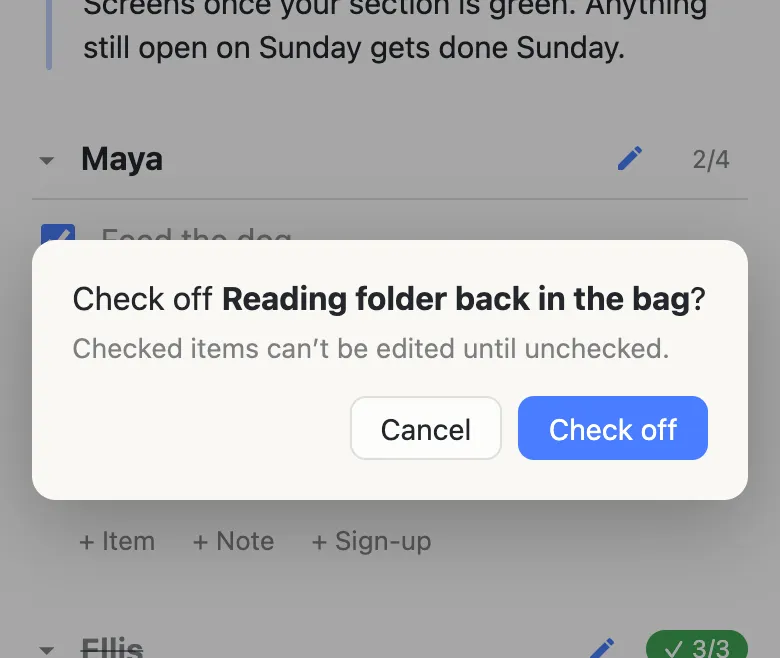 The confirmation dialog on a phone: “Check off Reading folder back in the bag?”, with the line “Checked items can’t be edited until unchecked” and two buttons, Cancel and Check off.