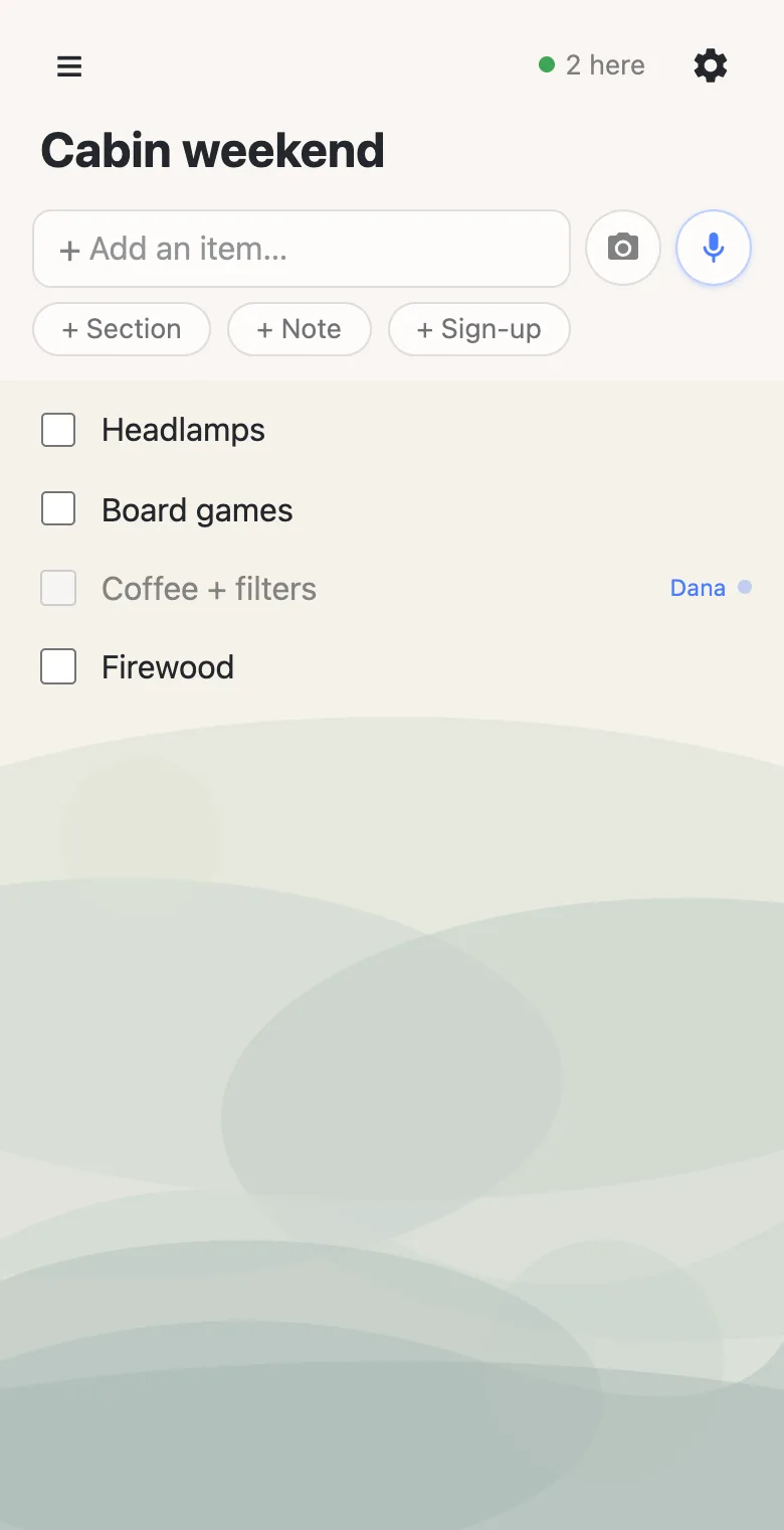 A shared list on a phone: the presence chip reads 2 here, and one row is held with “Dana” and a typing
           dot beside it while every other row stays editable.