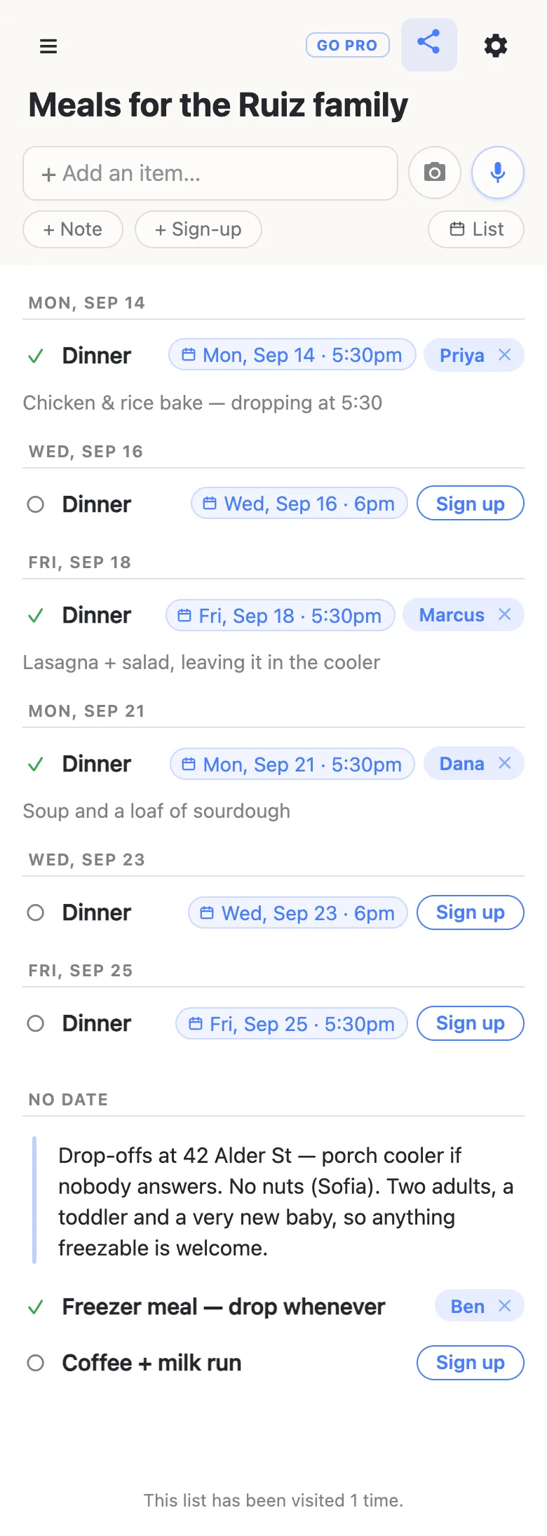 The same meal train in agenda view on a phone: day headings for MON, SEP 14 with Priya’s dinner and her note, WED, SEP 16 still open, FRI, SEP 18 with Marcus’s lasagna, MON, SEP 21 with Dana’s soup, WED, SEP 23 and FRI, SEP 25 open, then a NO DATE heading holding the drop-off note, a freezer meal and a coffee run.