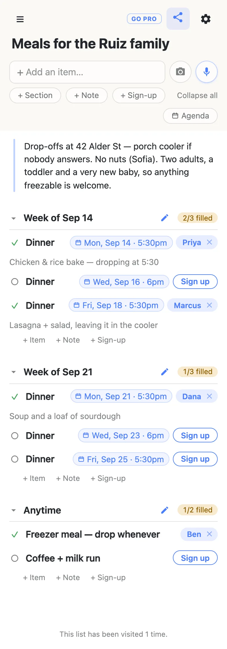 A meal train sheet on a phone titled “Meals for the Ruiz family”: a note at the top giving the drop-off address and allergies, a “Week of Sep 14” section reading 2/3 filled where each dinner carries a date chip — Mon, Sep 14 · 5:30pm claimed by Priya, Wed, Sep 16 · 6pm still open, Fri, Sep 18 · 5:30pm claimed by Marcus — a “Week of Sep 21” section reading 1/3 filled, and an “Anytime” section holding a freezer meal and a coffee run with no dates.