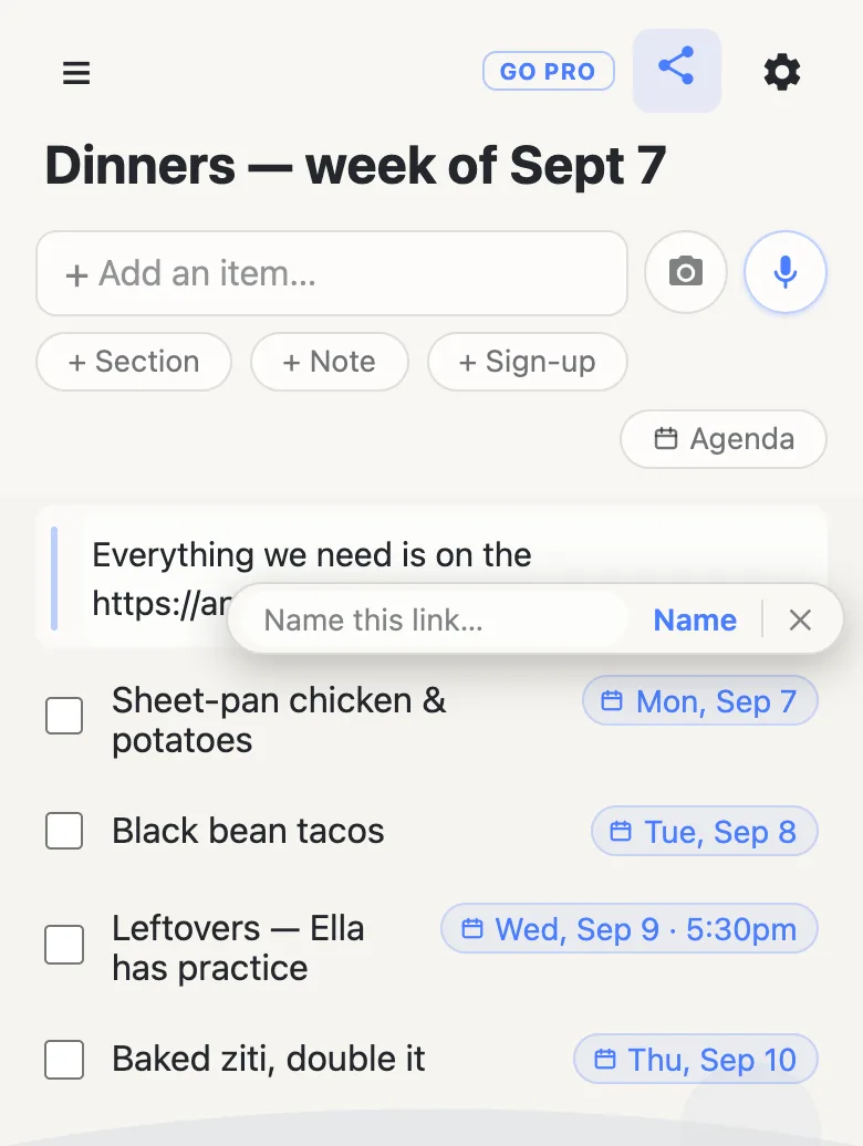 The plan list mid-edit: a note being typed reads &ldquo;Everything we need is on the&rdquo; followed by a pasted https:// address, with a &ldquo;Name this link…&rdquo; box floating below it and a Name button beside it.