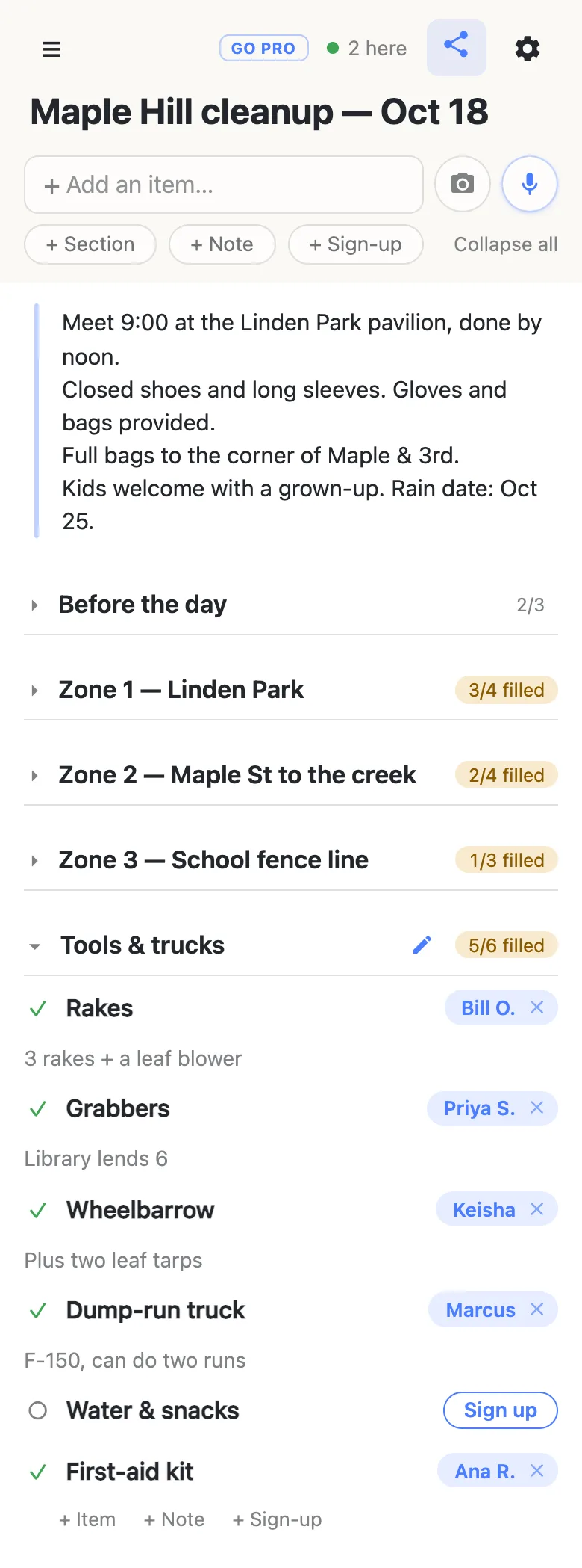 The same sheet with the zones folded shut, their counters still on the headings: Before the day 2/3, Zone 1 3/4 filled, Zone 2 2/4 filled, Zone 3 1/3 filled. Tools & trucks is open and reads 5/6 filled: Bill O. on rakes (“3 rakes + a leaf blower”), Priya S. on grabbers (“Library lends 6”), Keisha on the wheelbarrow (“Plus two leaf tarps”), Marcus on the dump-run truck (“F-150, can do two runs”) and Ana R. on the first-aid kit. Water & snacks still shows a Sign up button. A chip in the header reads “2 here” with a green dot.
