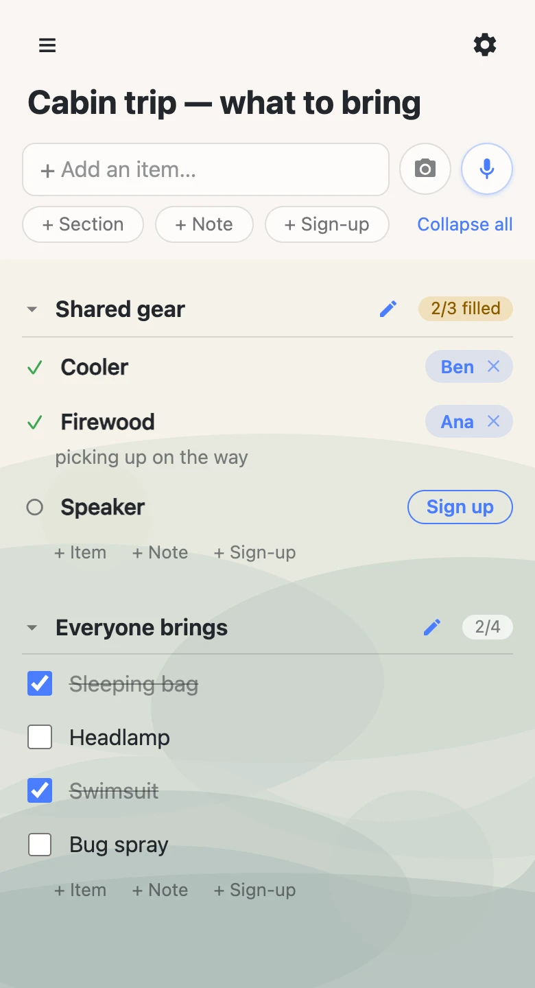A cabin trip packing list on a phone, mixing claimable shared gear — cooler, firewood, speaker — with a checklist of things everyone brings.