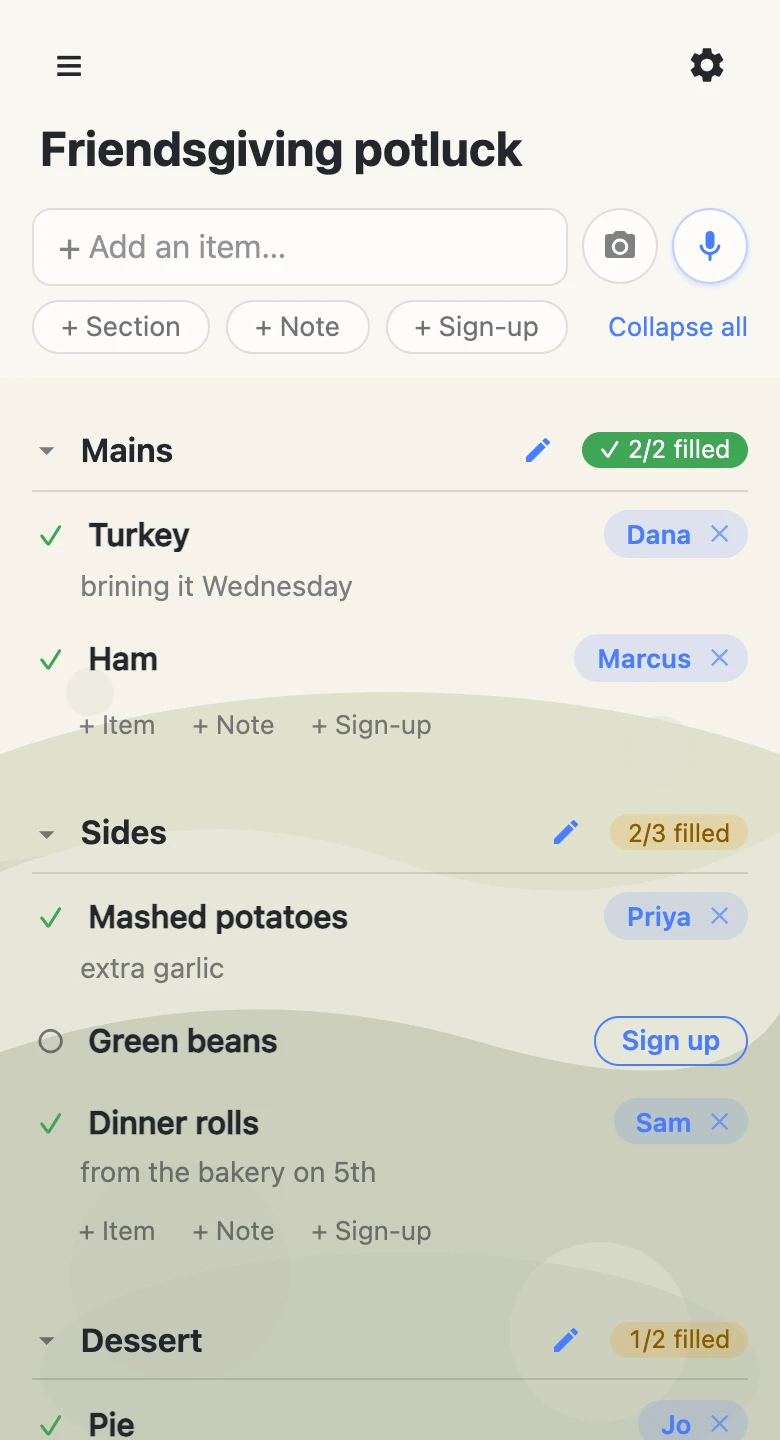 A Friendsgiving potluck sign-up sheet on a phone. Turkey is claimed by Dana with the note “brining it Wednesday”, green beans is still open with a Sign up button, and each section shows how many slots are filled.