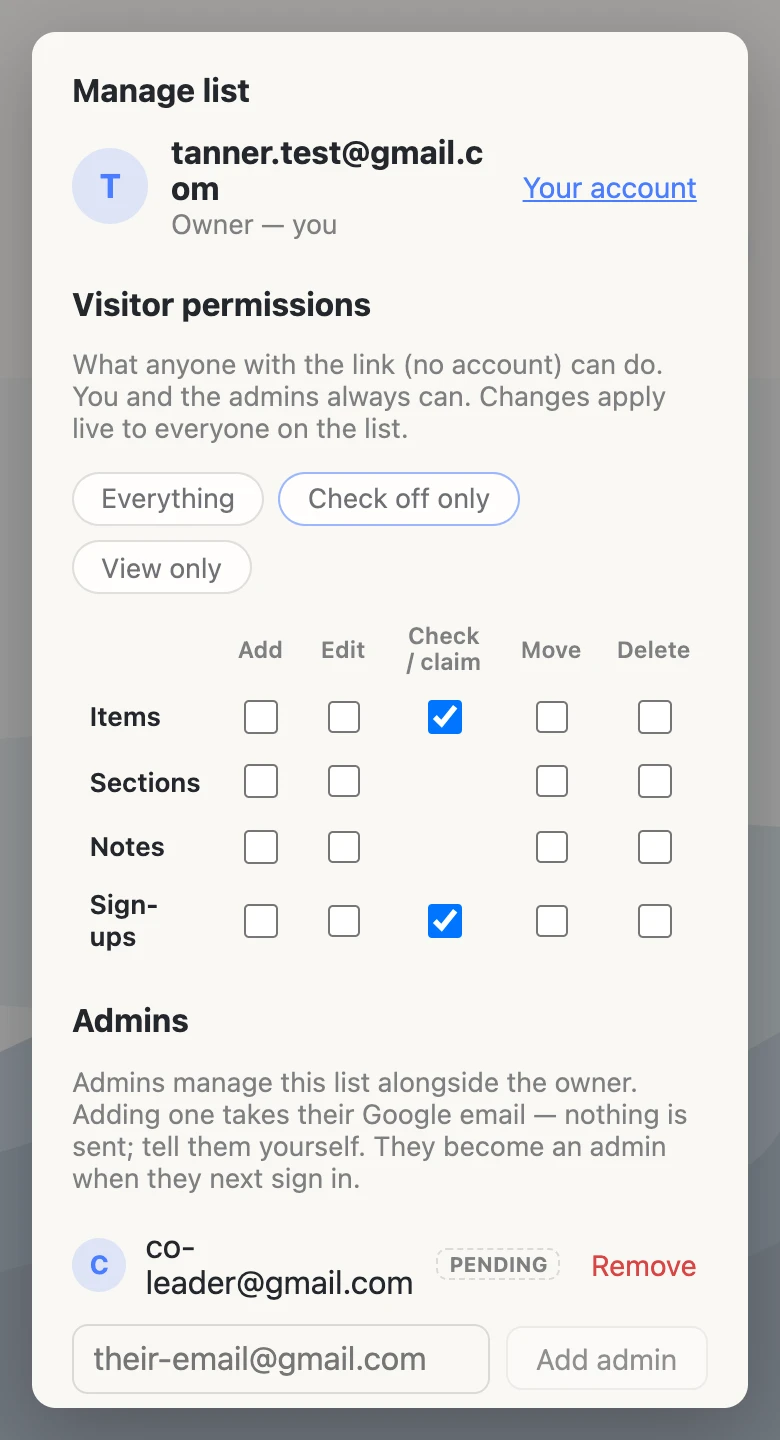 The Manage list panel on a phone: visitor permission grid set to check-off only, an admin added by email, and the danger zone
