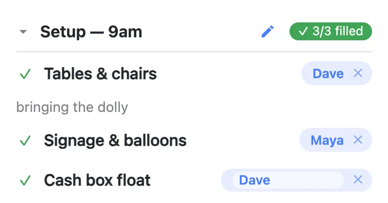 Three rows of a section headed “Setup — 9am” on a phone. Tables & chairs is signed up to Dave with the note “bringing the dolly”, Signage & balloons to Maya. On the third row, Cash box float, the name chip has opened into a text box with “Dave” typed into it, and the section counter now reads 3/3 filled.