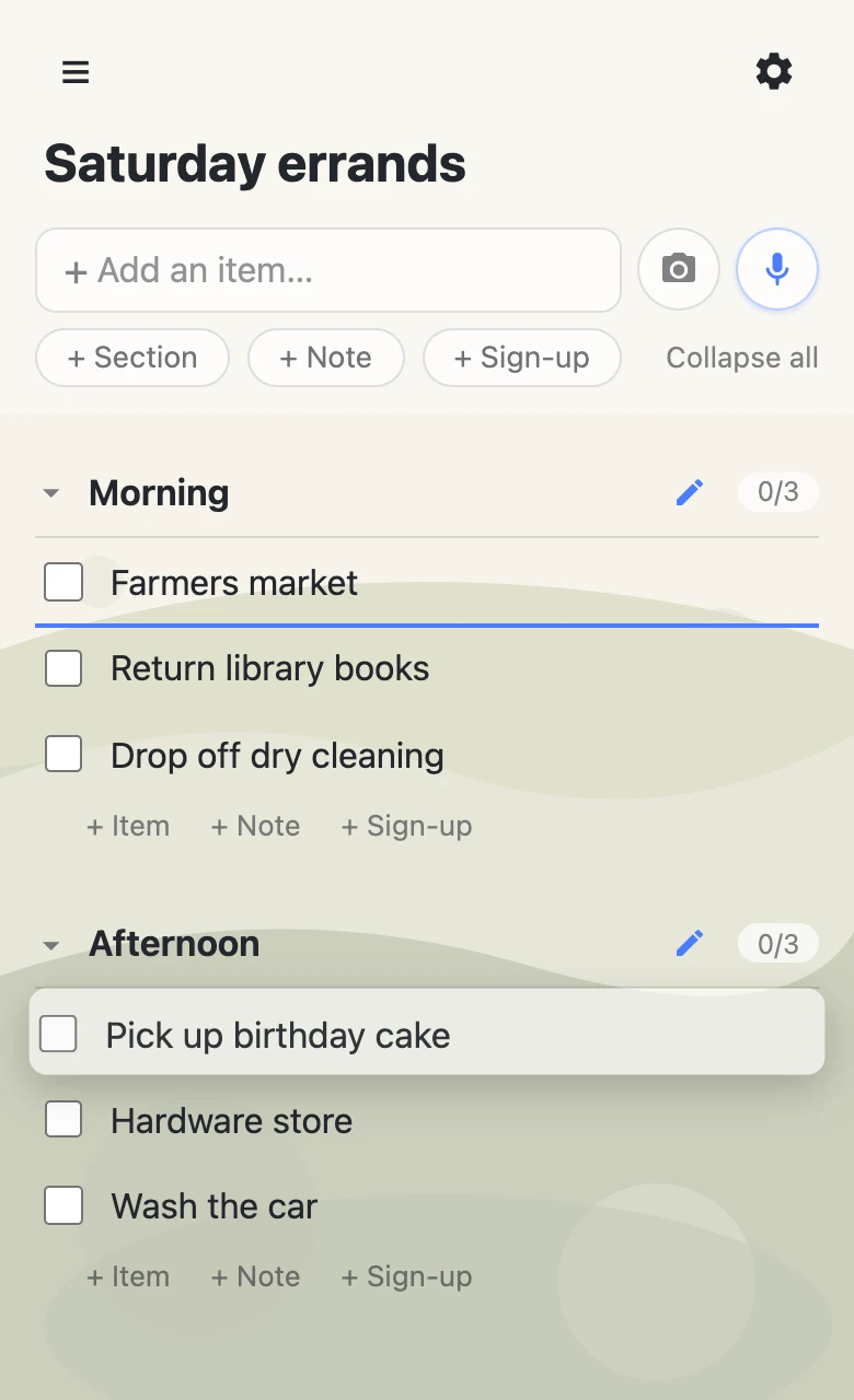 A shared errands list on a phone mid-drag: the “Pick up birthday cake” row is lifted with a shadow, and a blue line above “Return library books” in the Morning section marks where it will land.