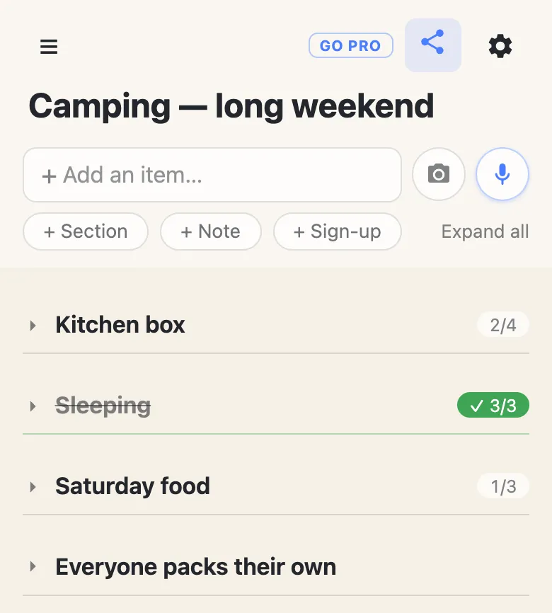 The same camping list with every section folded shut: four headings with their counters, and an Expand all link beside the add buttons.