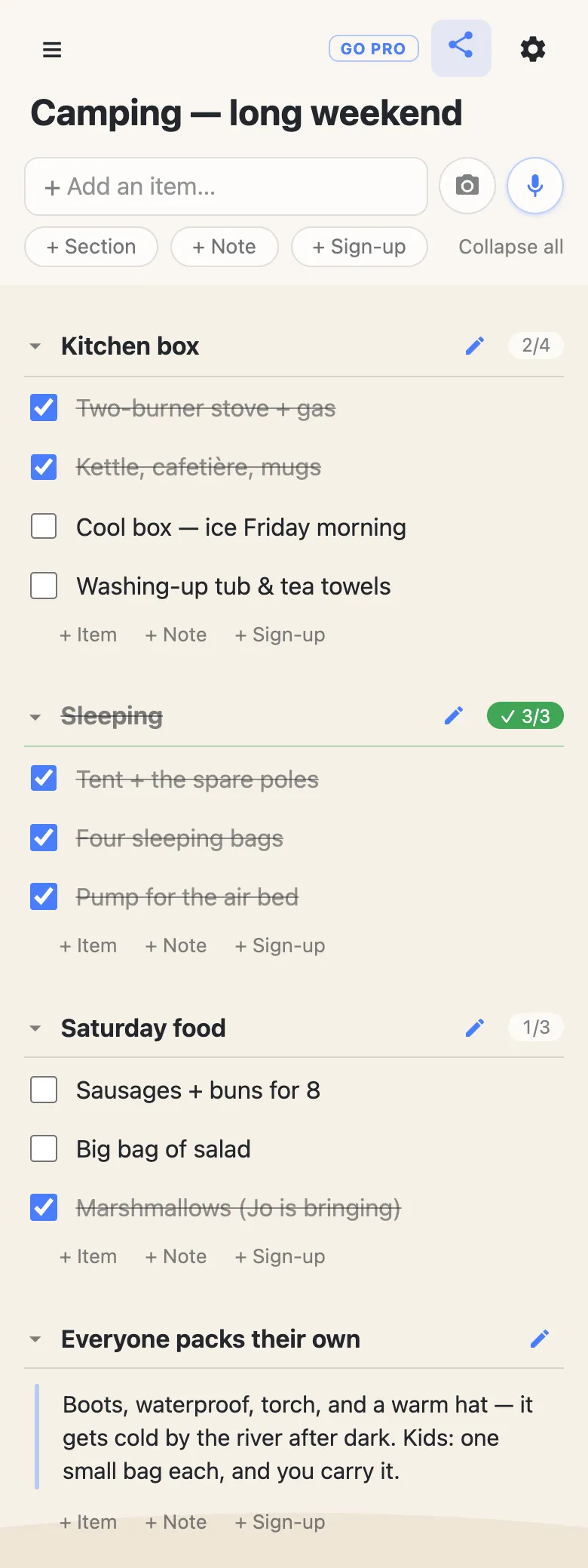 A shared camping list on a phone, split into four sections — Kitchen box, Sleeping, Saturday food and Everyone packs their own — each with a counter beside the heading and a row of quiet + Item, + Note and + Sign-up links at its end.