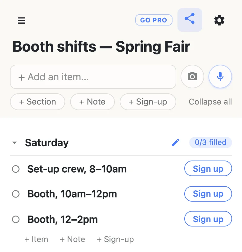A sign-up sheet part-built on a phone: the title “Booth shifts — Spring Fair”, the + Section / + Note / + Sign-up buttons under the add box, and a Saturday section holding three empty shifts, each with a Sign up button, counting 0/3 filled.