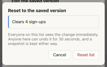 A confirmation dialog reading 'Reset to the saved version — Clears 4 sign-ups. Everyone on this
           list sees the change immediately. Anyone here can undo it for 30 seconds, and a snapshot is kept
           either way.'