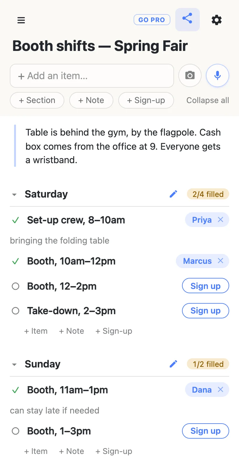 The finished sheet on a phone: a note about the table and the cash box, a Saturday section reading 2/4 filled with Priya and Marcus signed up and two open Sign up buttons, and a Sunday section reading 1/2 filled with Dana’s claim and a note reading “can stay late if needed”.