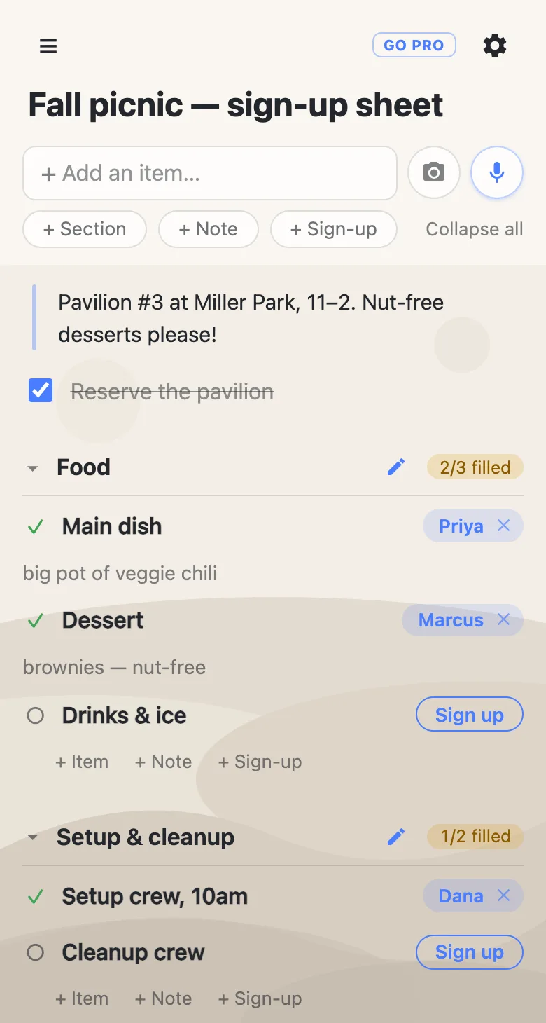A sign-up sheet on a phone titled 'Fall picnic': a note with the pavilion address, a checked-off item, and Food and Setup sections showing 2/3 filled and 1/2 filled. Main dish is claimed by Priya with the note 'big pot of veggie chili'; Drinks & ice still shows a Sign up button.