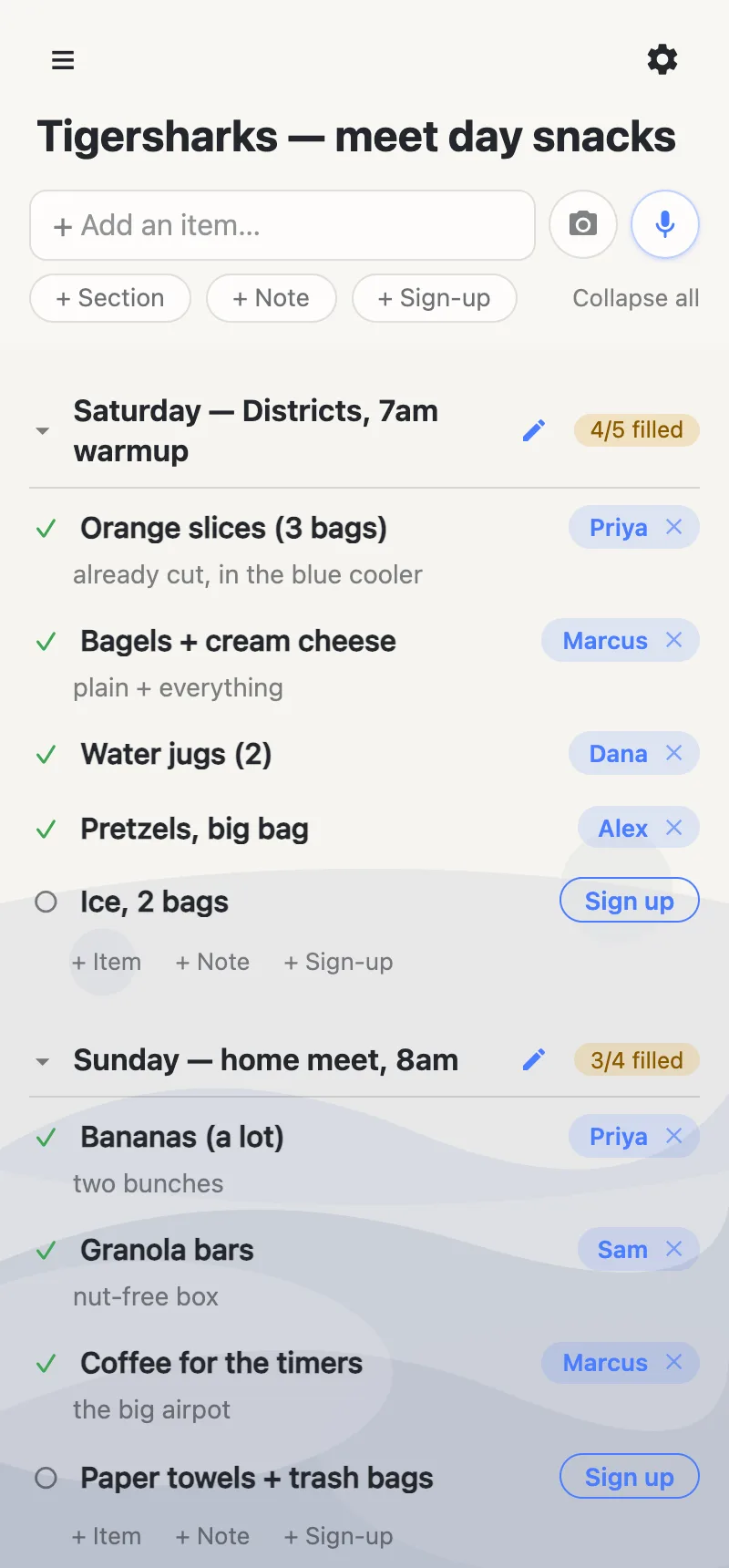 A phone showing a snack sign-up sheet: two sections for Saturday and Sunday meets, each slot claimed
           by a parent's name, with notes like 'already cut, in the blue cooler', and counters reading 4/5 filled
           and 3/4 filled.