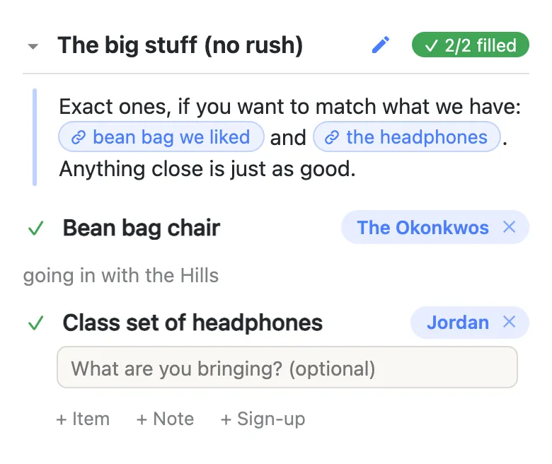 Close-up of “The big stuff (no rush)” section after a parent tapped Sign up on “Class set of headphones”: the name Jordan now sits on the row, an optional note field reading “What are you bringing? (optional)” has opened beneath it, and the section counter has flipped to a green 2/2 filled. Above the rows, a note holds two named link chips reading “bean bag we liked” and “the headphones”.