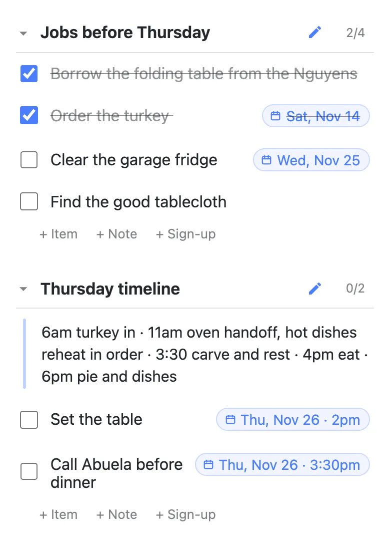 Two more sections of the same list. “Jobs before Thursday” shows a 2/4 counter over four checkboxes — “Borrow the folding table from the Nguyens” and “Order the turkey” ticked and struck through, the latter carrying a date chip reading Sat, Nov 14, then “Clear the garage fridge” with a chip reading Wed, Nov 25, and “Find the good tablecloth” still open. Below it “Thursday timeline” holds a note reading “6am turkey in · 11am oven handoff, hot dishes reheat in order · 3:30 carve and rest · 4pm eat · 6pm pie and dishes”, then two rows with date chips: Set the table, Thu, Nov 26 · 2pm, and Call Abuela before dinner, Thu, Nov 26 · 3:30pm.