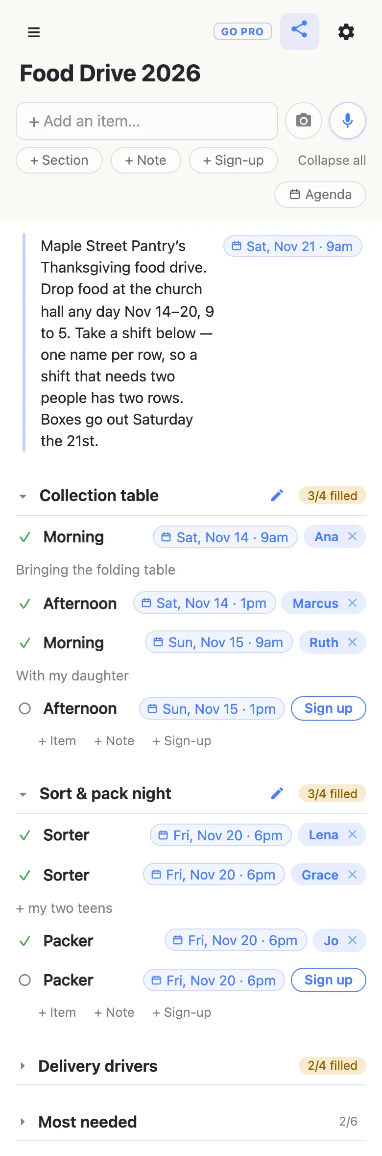 A phone showing a list titled “Food Drive 2026”. A note at the top, with a date chip reading Sat, Nov 21 · 9am, says: Maple Street Pantry’s Thanksgiving food drive. Drop food at the church hall any day Nov 14–20, 9 to 5. Take a shift below — one name per row, so a shift that needs two people has two rows. Boxes go out Saturday the 21st. The section Collection table reads 3/4 filled: Ana has the Morning on Sat, Nov 14 · 9am (“Bringing the folding table”), Marcus the Afternoon at 1pm, Ruth the Sunday Morning (“With my daughter”), and the Sunday Afternoon shows a Sign up button. Sort & pack night reads 3/4 filled: Lena and Grace (“+ my two teens”) are sorting and Jo is packing on Fri, Nov 20 · 6pm, with one Packer row still open. Delivery drivers (2/4 filled) and Most needed (2/6) are folded shut.