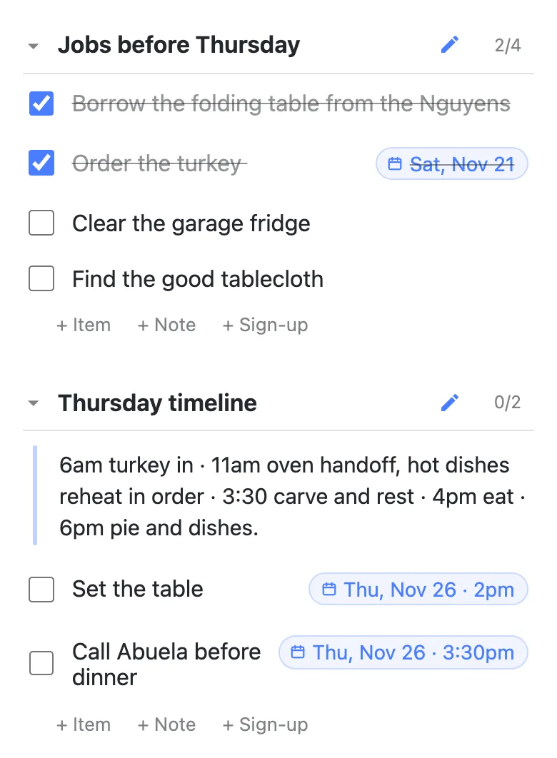Two more sections of the same list. “Jobs before Thursday” shows a 2/4 counter over four checkboxes — “Borrow the folding table from the Nguyens” and “Order the turkey” ticked and struck through, the latter carrying a date chip reading Sat, Nov 21, with “Clear the garage fridge” and “Find the good tablecloth” still open. Below it “Thursday timeline” holds a note reading “6am turkey in · 11am oven handoff, hot dishes reheat in order · 3:30 carve and rest · 4pm eat · 6pm pie and dishes”, then two rows with date chips: Set the table, Thu, Nov 26 · 2pm, and Call Abuela before dinner, Thu, Nov 26 · 3:30pm.