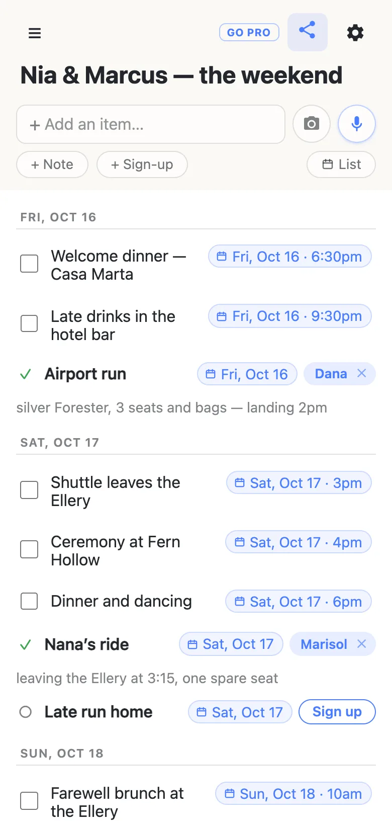 The same list with the Agenda toggle switched on. Rows are regrouped under day headings: FRI, OCT 16 holds the welcome dinner at 6:30pm, late drinks at 9:30pm and a claimed “Airport run” carrying Dana’s name and the note “silver Forester, 3 seats and bags — landing 2pm”. SAT, OCT 17 holds the shuttle at 3pm, the ceremony at 4pm, dinner and dancing at 6pm, Nana’s ride claimed by Marisol, and an unclaimed “Late run home” with a Sign up button. SUN, OCT 18 holds the farewell brunch at 10am.