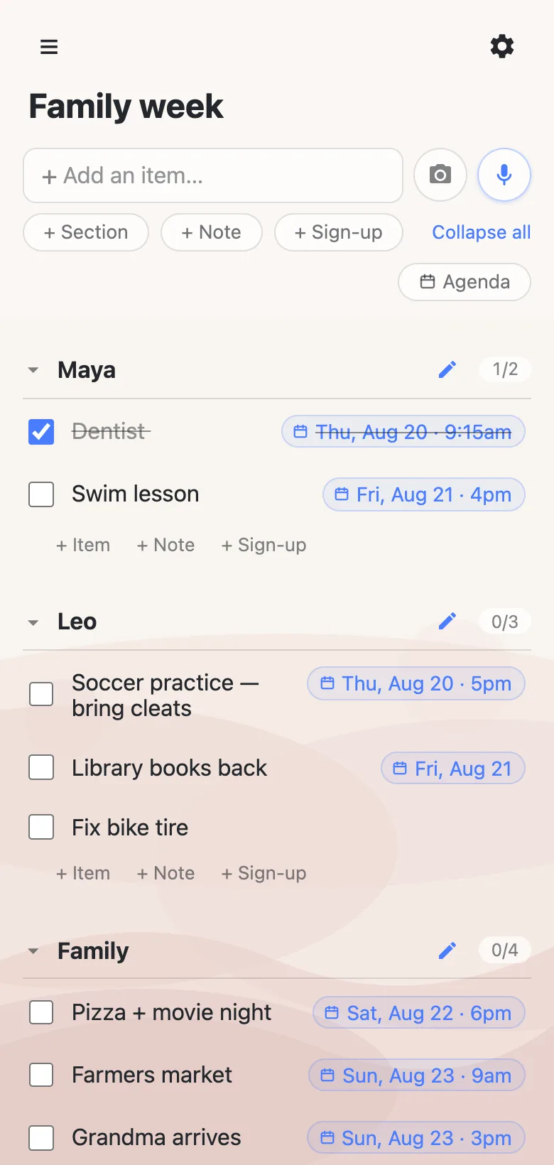 The same family week in list view: sections named Maya, Leo and Family, each holding rows with date chips pinned to their right edges.